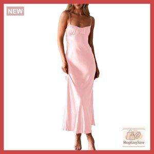 Satin Spaghetti Strap Backless Ruched Twist Midi Dress Elegant Cocktail Wear